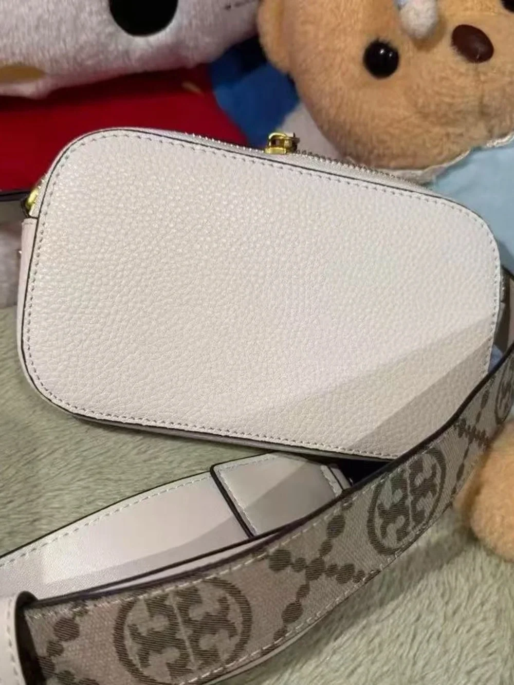 Tory Burch Pebbled White Leather Crossbody with Logo Strap